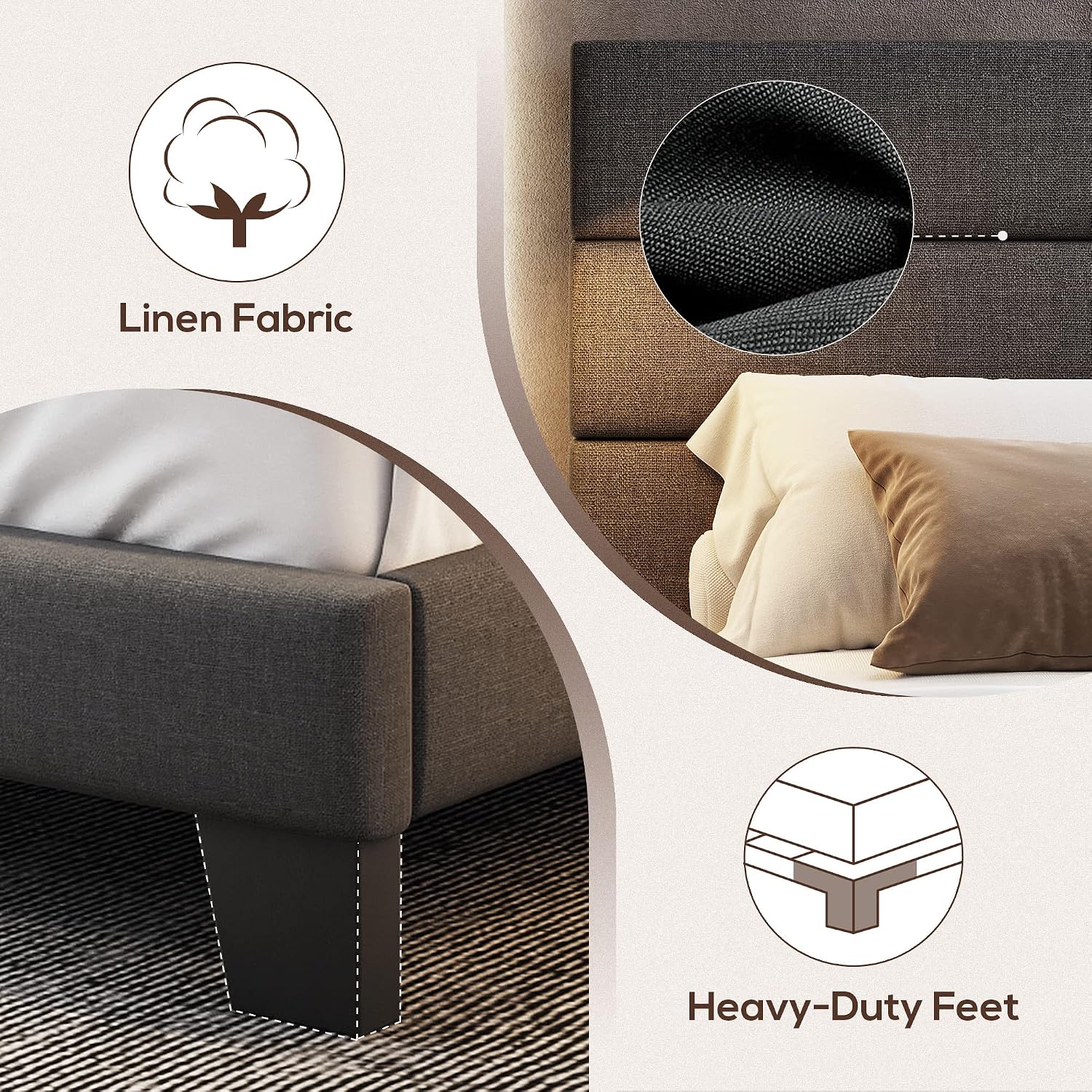 WEEWAY King Bed Frame Platform Bed with Linen Fabric Upholstered Headboard and Wooden Slats Support, Heavy Duty Mattress Foundation, No Box Spring Needed, Easy Assembly, Dark Grey