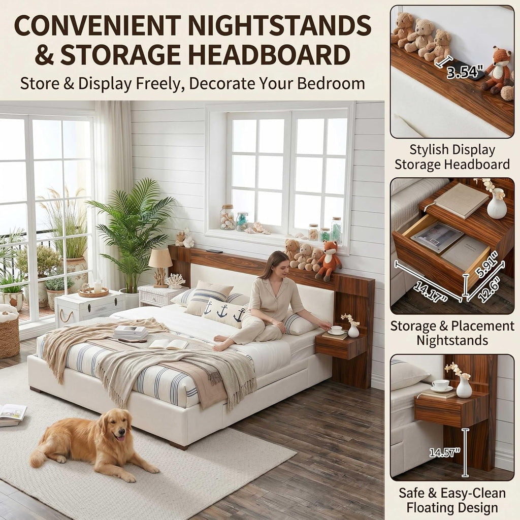 King Size Wood Bed Frame with Built-in Nightstands, Linen Platform Bed Frame with 2 Drawers, Natural Wood Grain & Luxury Upholstered Storage Headboard, No Box Spring Needed, Easy Assembly, Cream