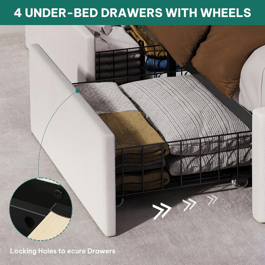 YITAHOME King Size Bed Frame with 4 Storage Drawers and RGB LED Lights, 57'' Tall Headboard Velvet Upholstered Bed with Charging Station, No Box Spring Needed, Easy Assembly, Noise-Free, Beige