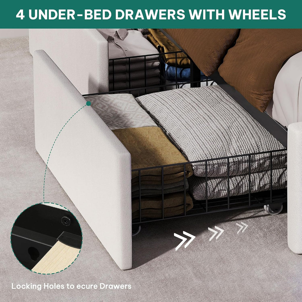 YITAHOME King Size Bed Frame with 4 Storage Drawers and RGB LED Lights, 57'' Tall Headboard Velvet Upholstered Bed with Charging Station, No Box Spring Needed, Easy Assembly, Noise-Free, White