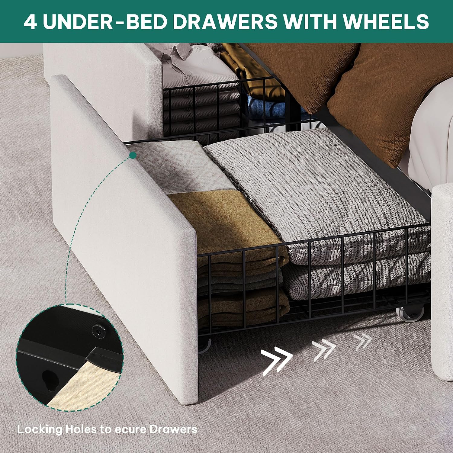 YITAHOME King Size Bed Frame with 4 Storage Drawers and RGB LED Lights, 57'' Tall Headboard Velvet Upholstered Bed with Charging Station, No Box Spring Needed, Easy Assembly, Noise-Free, White