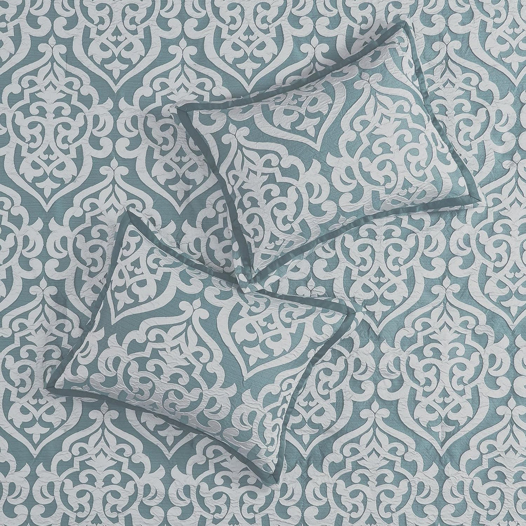 Madison Park Odette Cozy King Size Comforter Set Jacquard Damask Medallion Design - Modern All Season, Down Alternative Bedding, Shams, Decorative Pillows, King(104 in x 92 in), Aqua