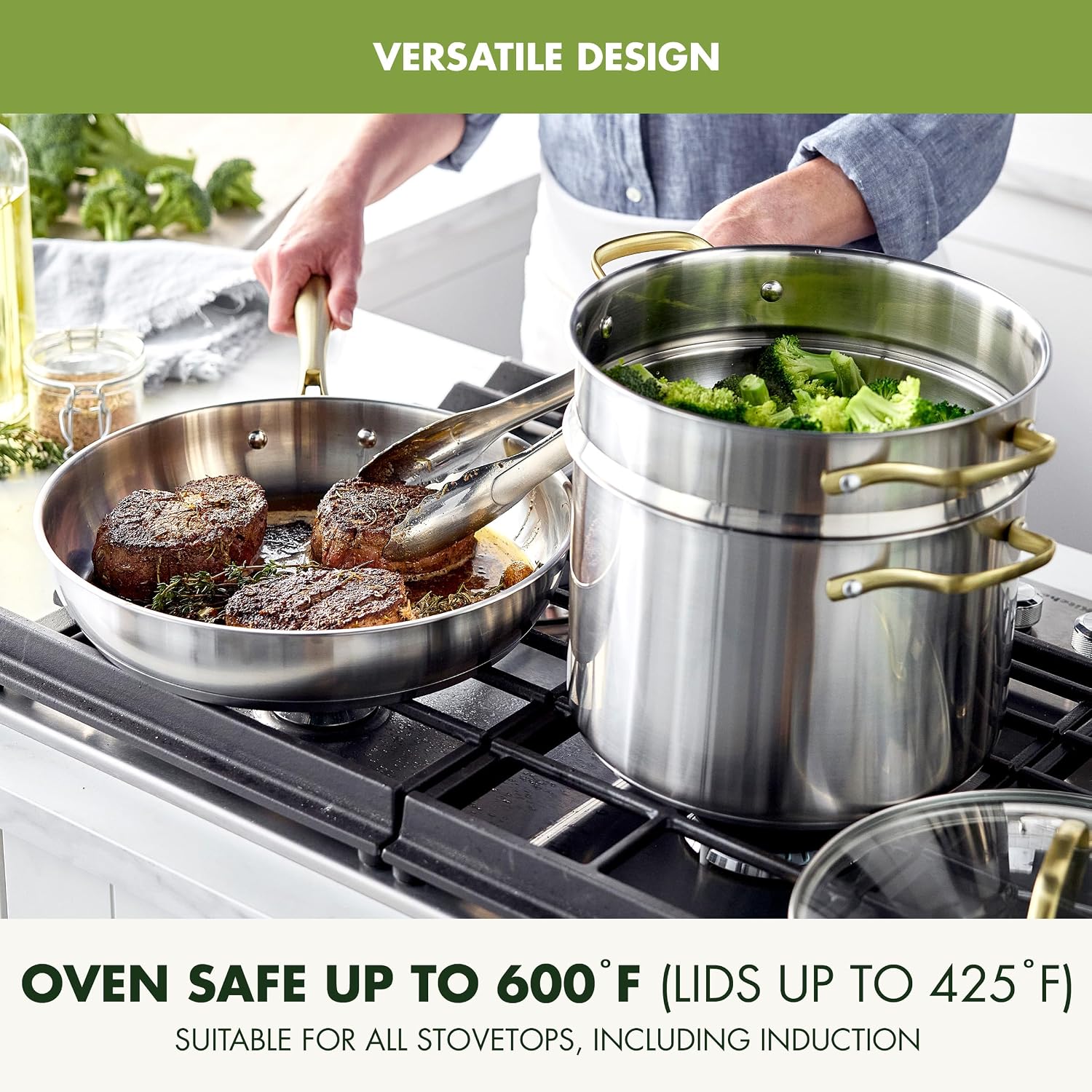 GreenPan Stainless Steel Cookware Set, 11 Piece, Induction Cookware, Dishwasher Safe, Oven Safe to 600F, Large 8QT Stock Pot, Sauce, Saute, Frying Pans, Pots & Pans Kitchen Essentials, Gold