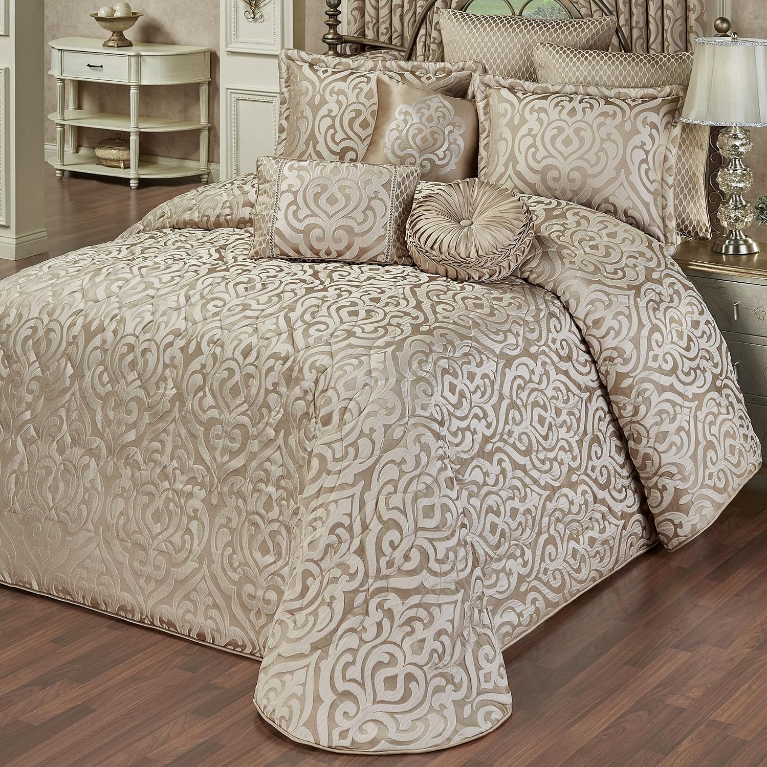 Davenport Luxury Bedding | Neutral Sand and Beige Hues | Jacquard-Woven Puff-Textured Scrollwork Medallions | 6 Pc Set Includes Cal King Bedspread, 2 King Shams, and 3 Decorative Reversible Pillows
