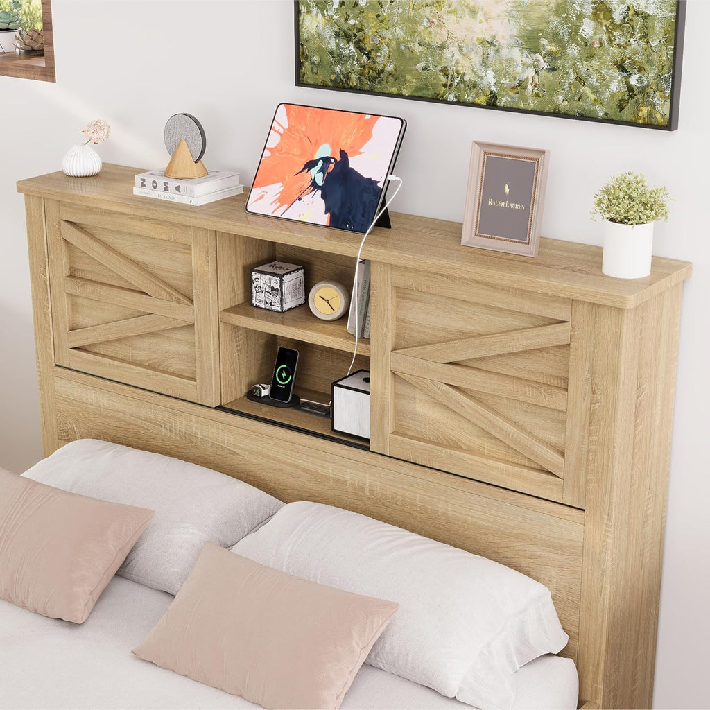 LUMISOL 3 Pieces Bedroom Sets,Farmhouse Platform Bed with Storage Nightstand and Dresser, Full Size Bed Frame with Storage Headboard and Charging Station, Natural