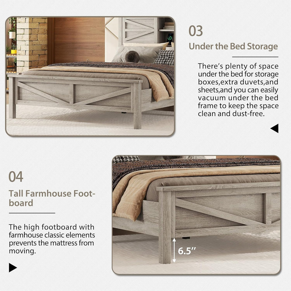 SOFTSEA 3 Piece Farmhouse Bedroom Set, Queen Size Platform Bed with Storage Headboard and Charging Station, Storage Dresser and Nightstand, Wood Bed Frame Set, Antique Gray