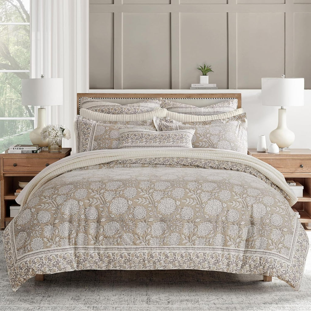 Levtex Home Adare Taupe Reversible Twin/Twin XL Comforter Set (68x88in) with 1 Pillowcase (26x20in) - Floral Bedding - Taupe and White - 100% Cotton Twin Size Comforter Set - Soft, Pre-Washed
