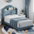 GarveeHome Twin Bed Frame for Kids, Upholstered Velvet Platform Bed for Boys/Girls with Wingback, Storage Bookcase Headboard & LED Lights, No Box Spring Needed, Noise-Free, Easy Assembly, Blue