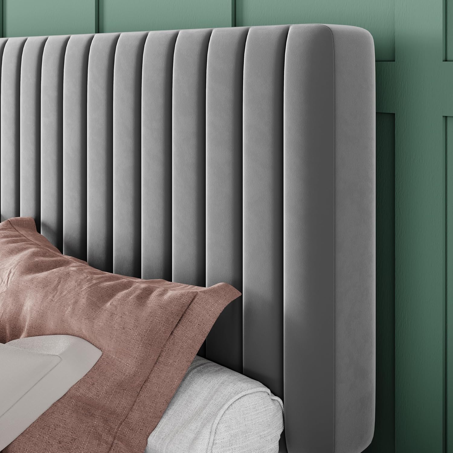 Allewie Full Bed Frame, Velvet Upholstered Platform Bed with Adjustable Vertical Channel Tufted Headboard, Mattress Foundation with Strong Wooden Slats, Box Spring Optional, Easy Assembly, Grey