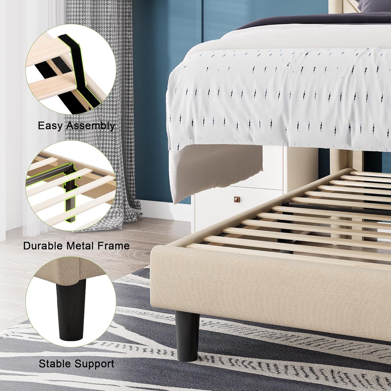 Feonase Twin Size Bed Frame with Charging Station, Upholstered Linen Bedframe with Wingback Headboard, Solid Wood Slats Support, No Box Spring Needed, Noise Free, Beige
