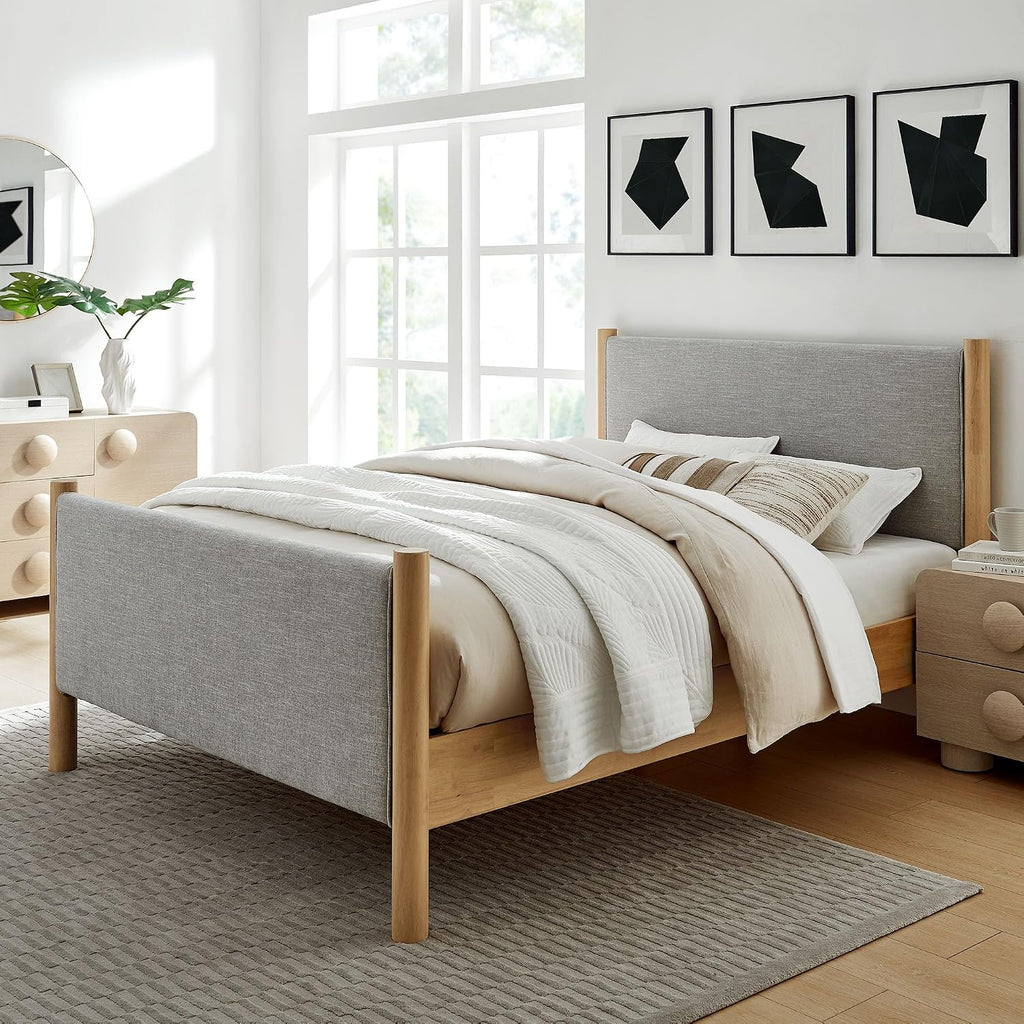Modway Maven King Size Bed Frame in Wheat Oak with Upholstered Fabric Headboard and Footboard – Wood King Platform Bed Frame – No Box Spring Needed