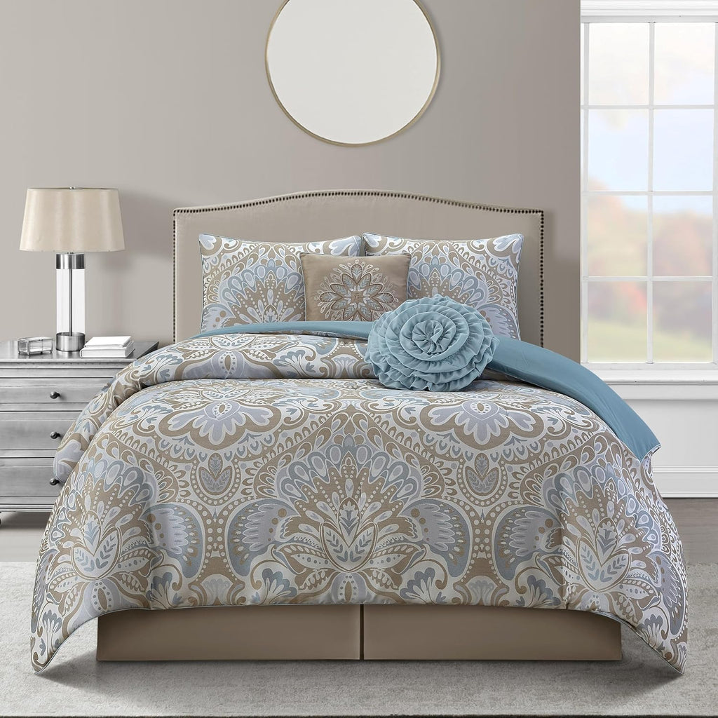 Stratford Park 6-Piece Blue Gold Comforter Set for Girls, Queen Size, Elegent Floral Bedding Set, Jacquard Design, Matching Bedskirt, Pillows & Shams