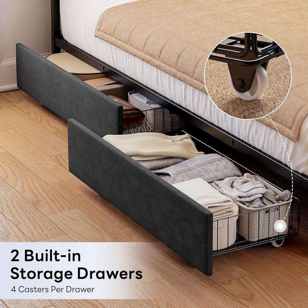 LIKIMIO Twin Corner Bed Frame with Storage Drawers and Charging Station, Modern Twin Daybed with LED Lights and Upholstered Guardrail, Gray