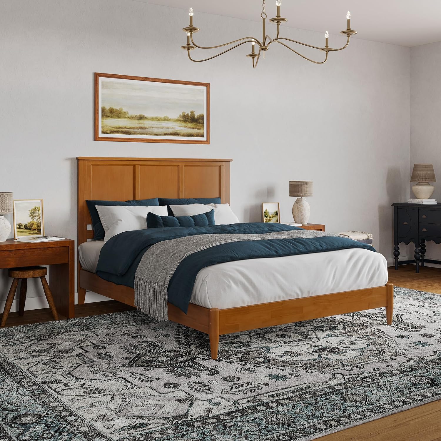 AFI, Charlotte Queen Solid Wood Low Profile Platform Bed, Light Toffee