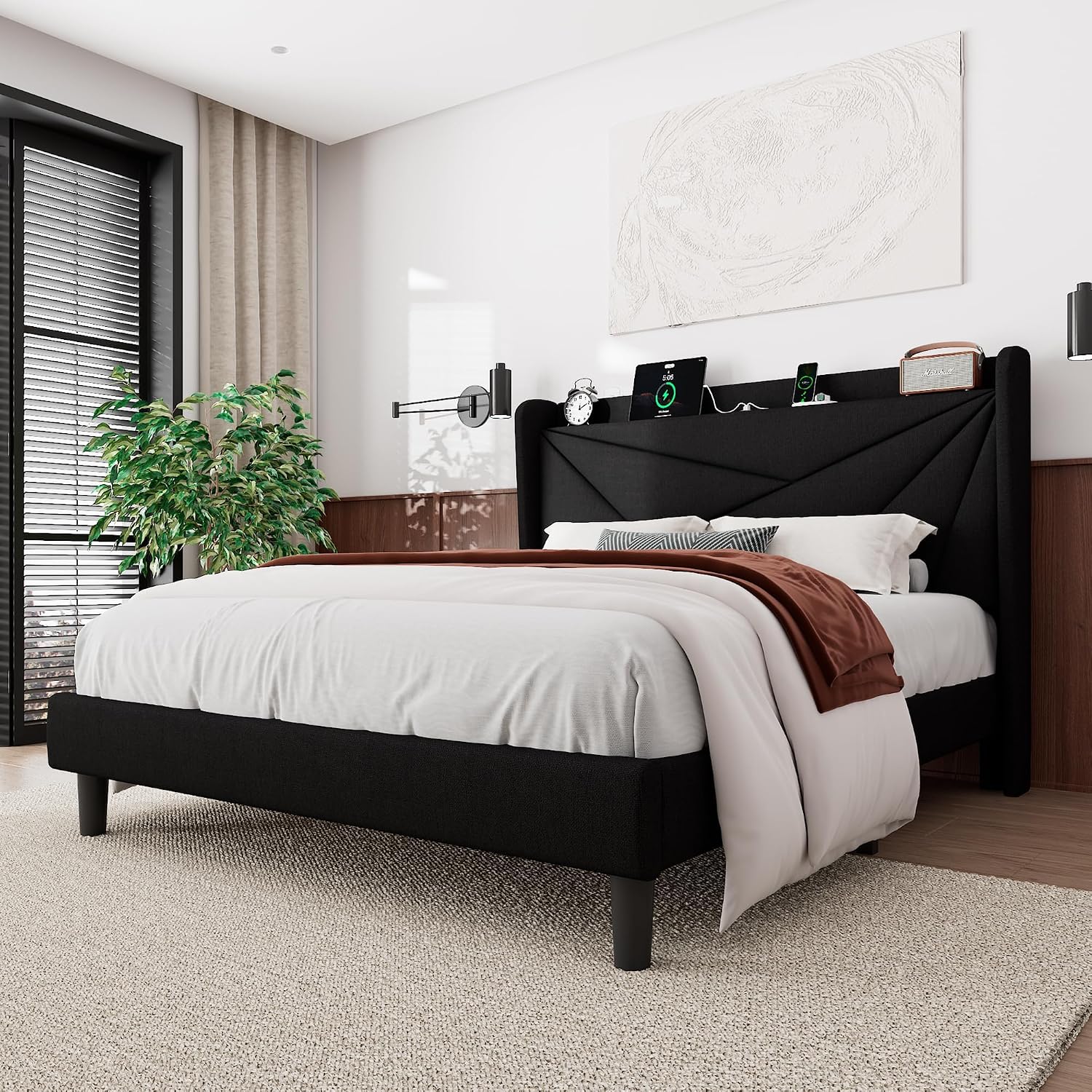 Feonase Full Size Bed Frame with Charging Station, Linen Upholstered Platform Bed Frame with Wingback Storage Headboard, Solid Wood Slats Support, No Box Spring Needed, Noise Free, Black