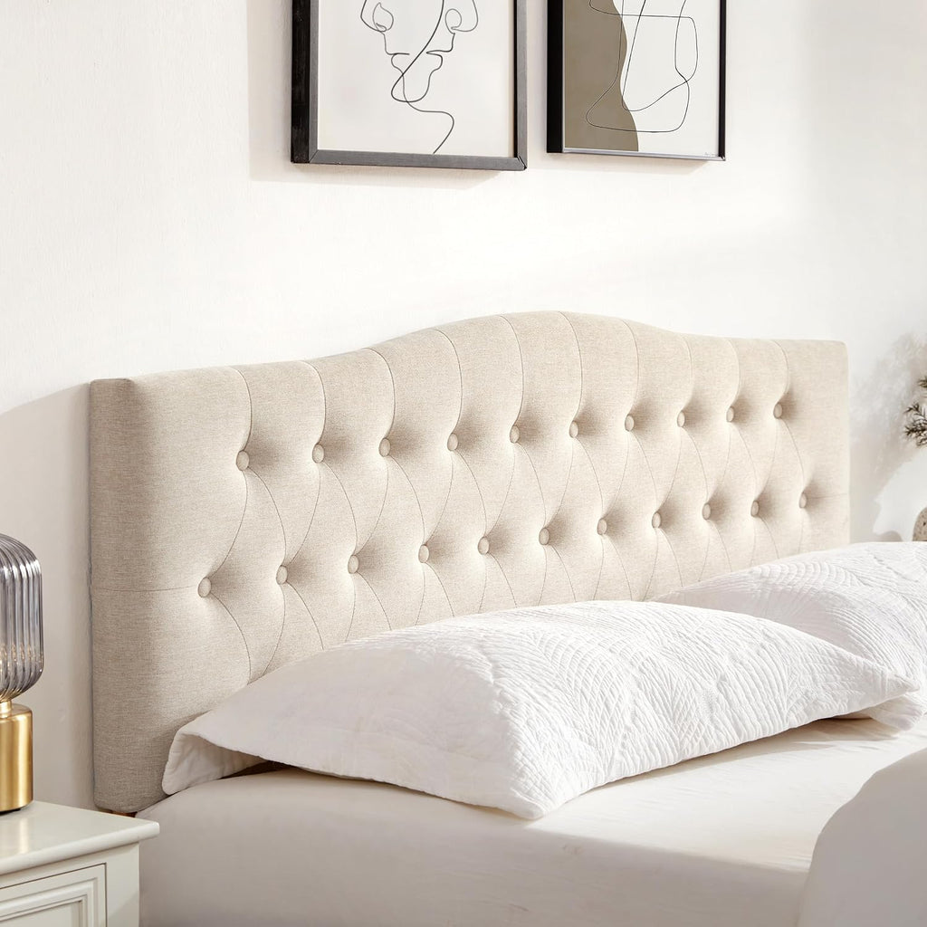 Huatean Home Tufted Upholstered Headboard King Size, Sturdy and Durable Solid Wood Bed headboard, Fabric Headboard Adjustable Height from 37' to 51', Modern Button Diamond Design Head Board, Beige