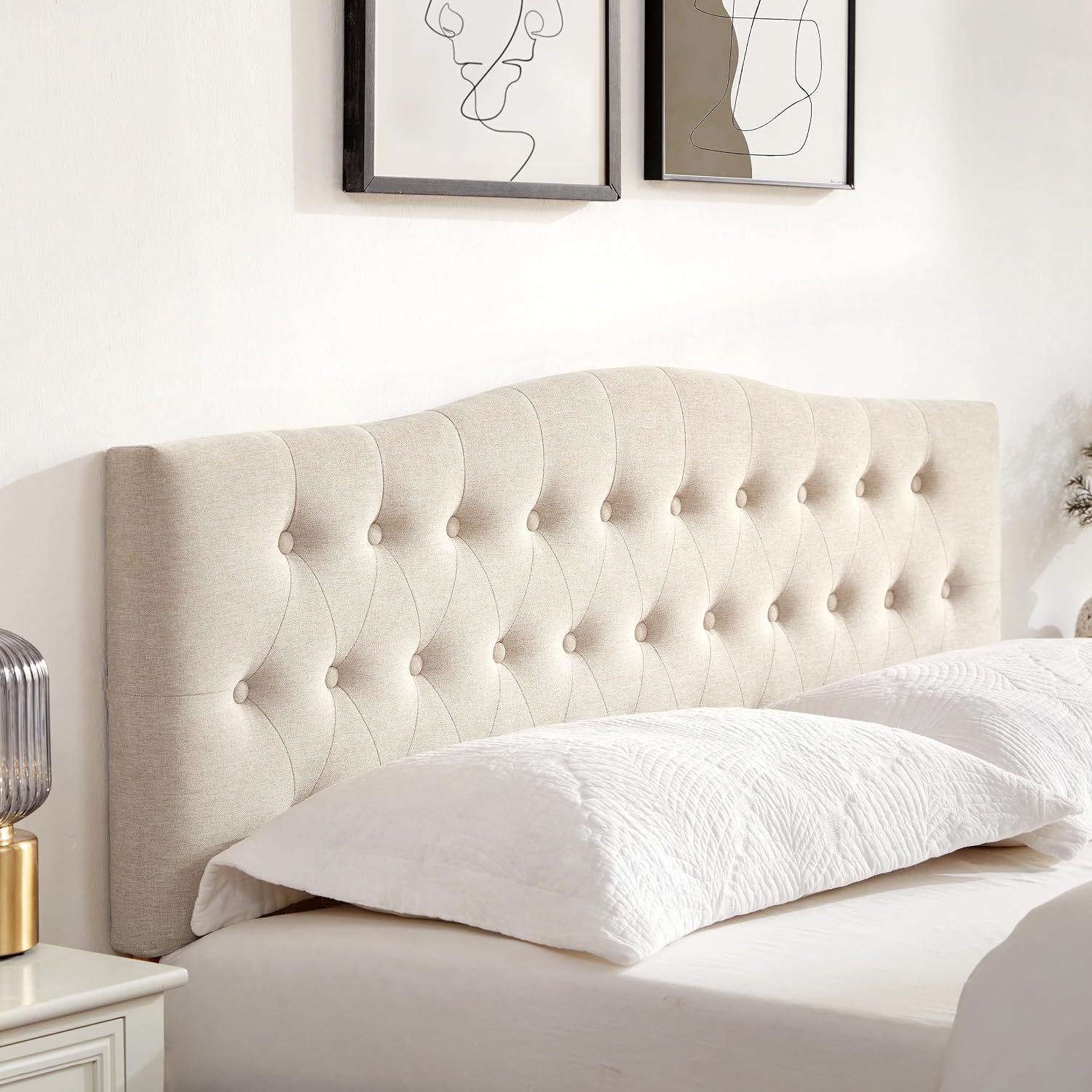 Huatean Home Tufted Upholstered Headboard King Size, Sturdy and Durable Solid Wood Bed headboard, Fabric Headboard Adjustable Height from 37' to 51', Modern Button Diamond Design Head Board, Beige