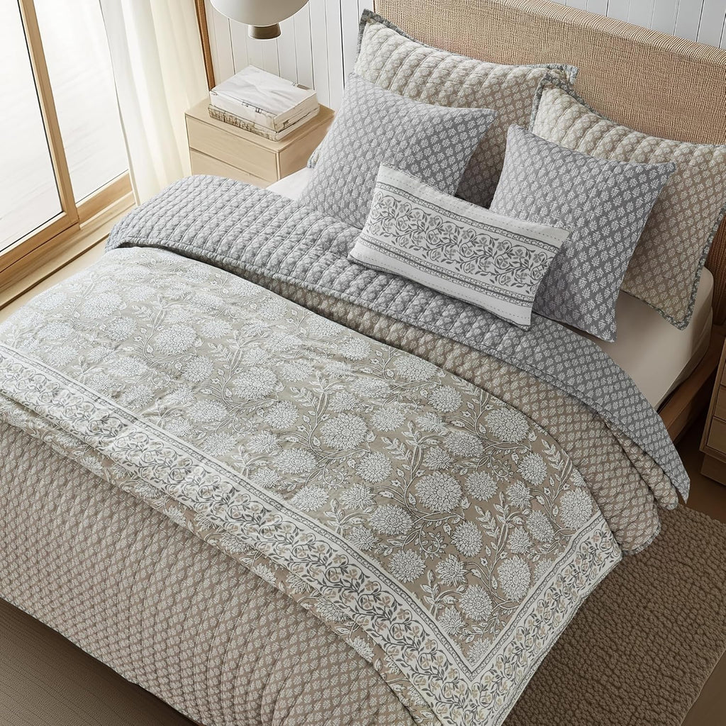 Levtex Home Adare Taupe Reversible Full/Queen Comforter Set (90x94in) with 2 Pillowcases (26x20in) - Floral Bedding - Taupe White - 100% Cotton Full/Queen Size Comforter Set - Soft, Pre-Washed