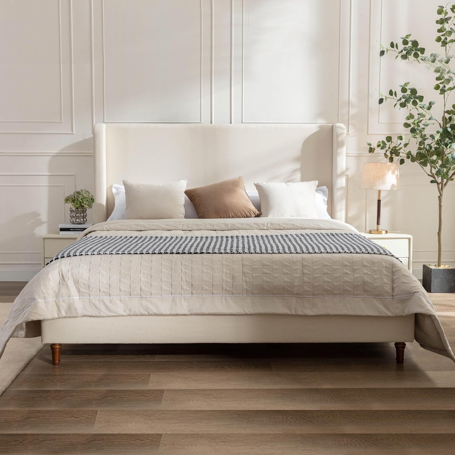 Upholstered Bed Frame King Size, 54' Tall Headboard Wingback Upholstered Platform Bed Frame for Adults Bedroom Strong Wood Slats Support/No Box Spring Needed/Easy Assembly, Beige