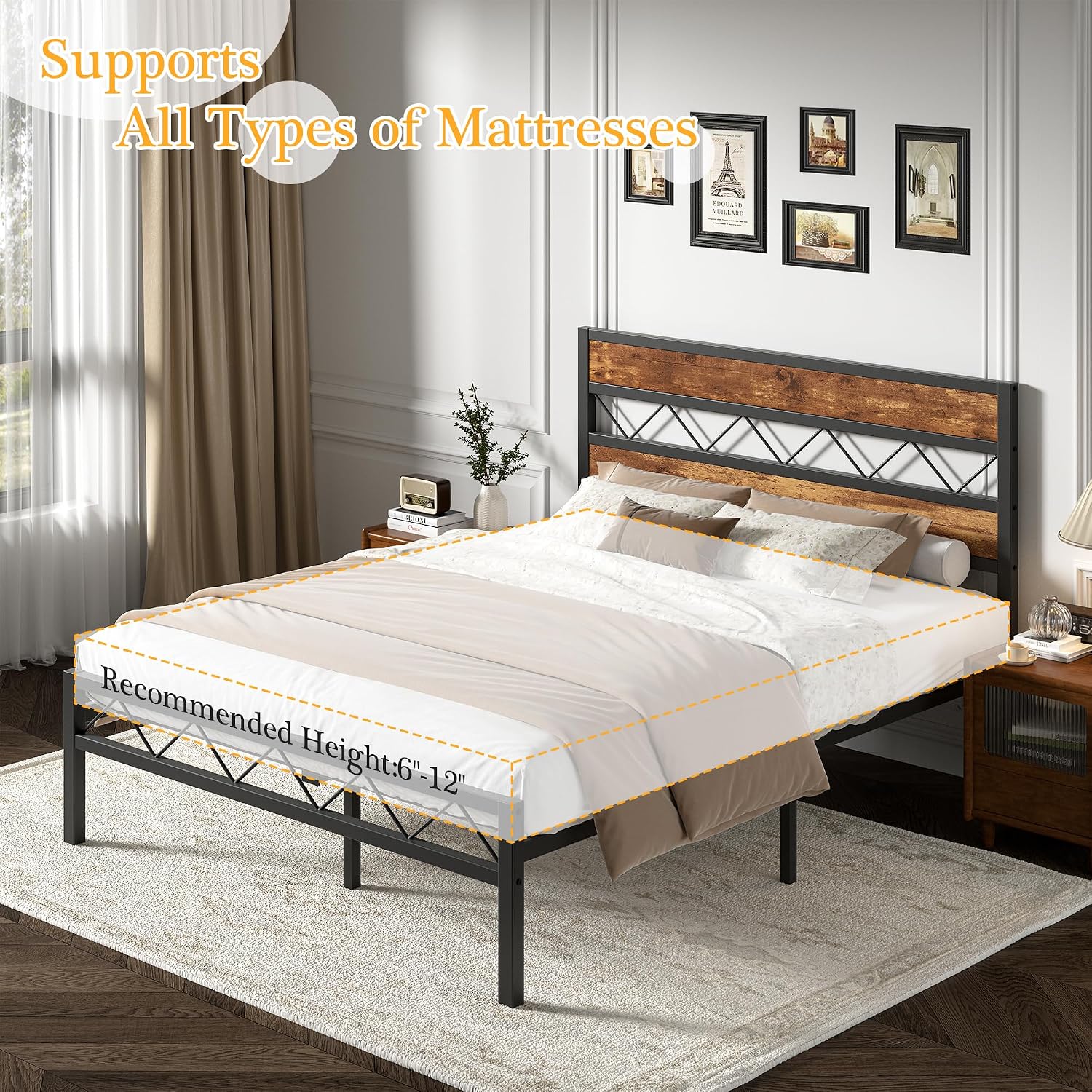 VECELO Full Size Bed Frame with Headboard, Heavy-Duty Platform Bedframe with Metal Slats Support, No Box Spring Needed, Easy Assembly, Black & Brown