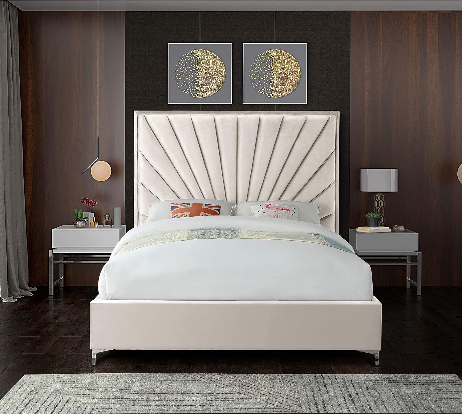 Meridian Furniture Eclipse Collection Modern | Contemporary Velvet Upholstered Bed with Channel Tufted Design and Complete Sets of Gold and Chrome Legs Included, Queen, Cream