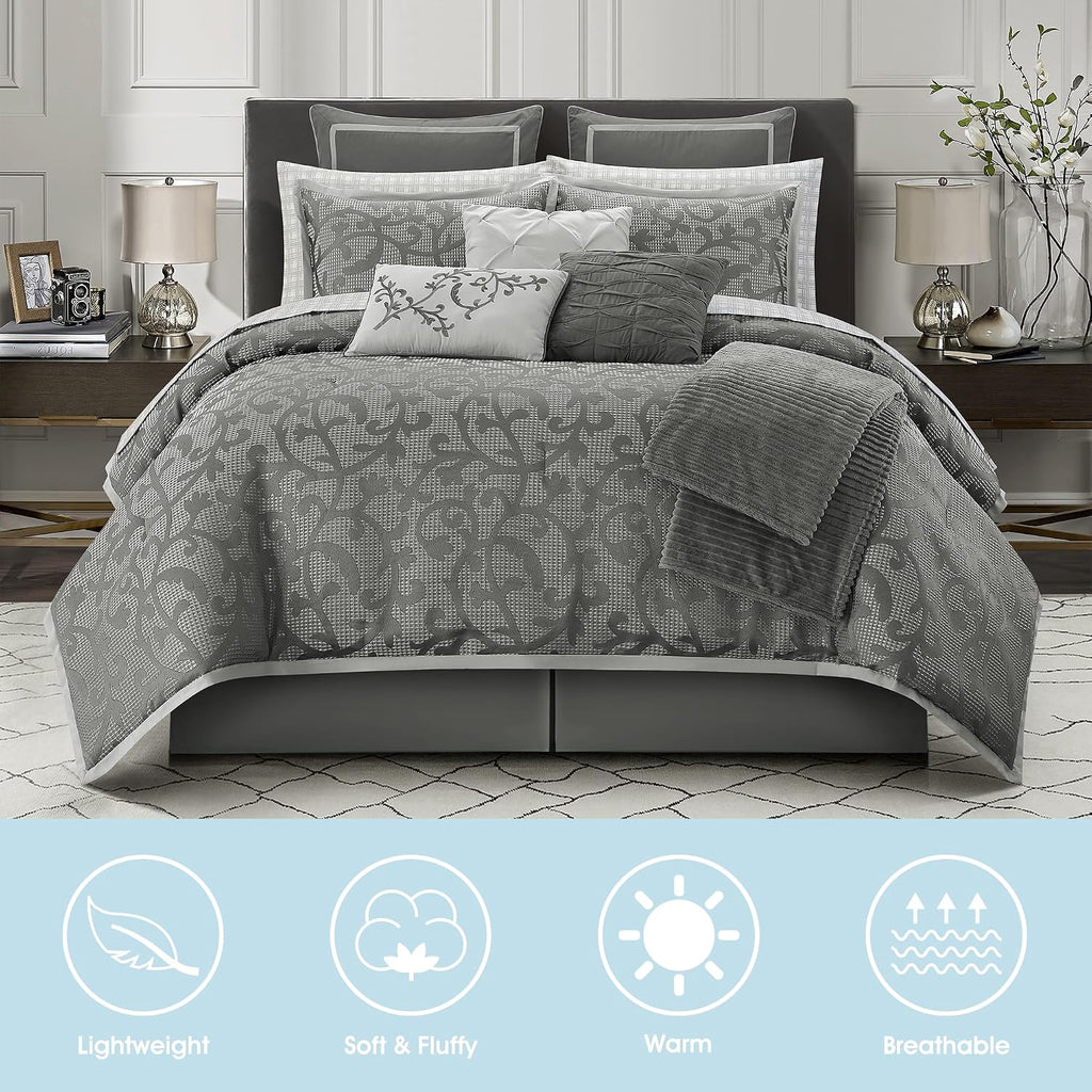 LANCO MODERN LIFESTYLE Grey King Size Comforter Set, Classic Jacquard Floral 14 Pieces Bedding Set, Ultra Soft for All Seasons, Sheets, Bedskirt, Throw, Matching Shams and Decor Pillows