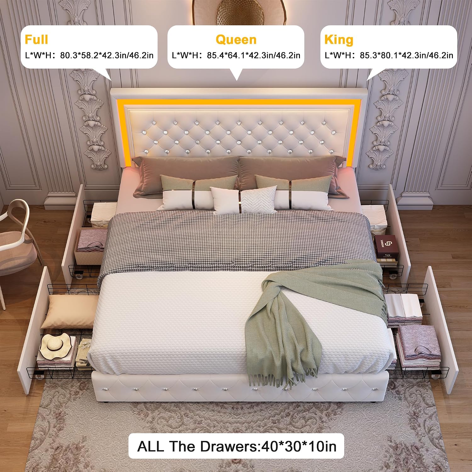 GEGOFORU King Led Bed Frame with 4 Storage Drawers, Bed Frame with Led Lights No Box Spring Needed, 900 lbs Capacity, Easy Assembly, Velvet Cream