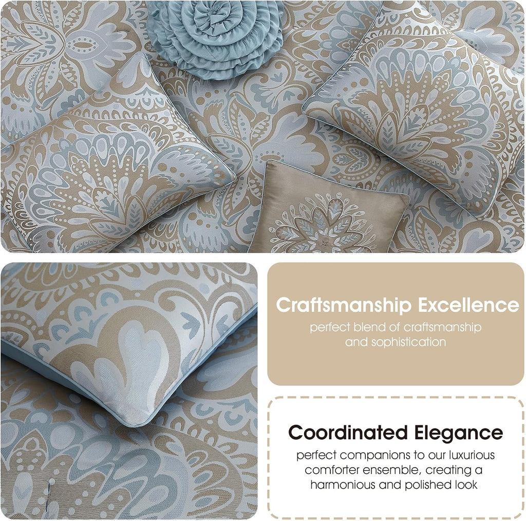 Stratford Park 6-Piece Blue Gold Comforter Set for Girls, Queen Size, Elegent Floral Bedding Set, Jacquard Design, Matching Bedskirt, Pillows & Shams