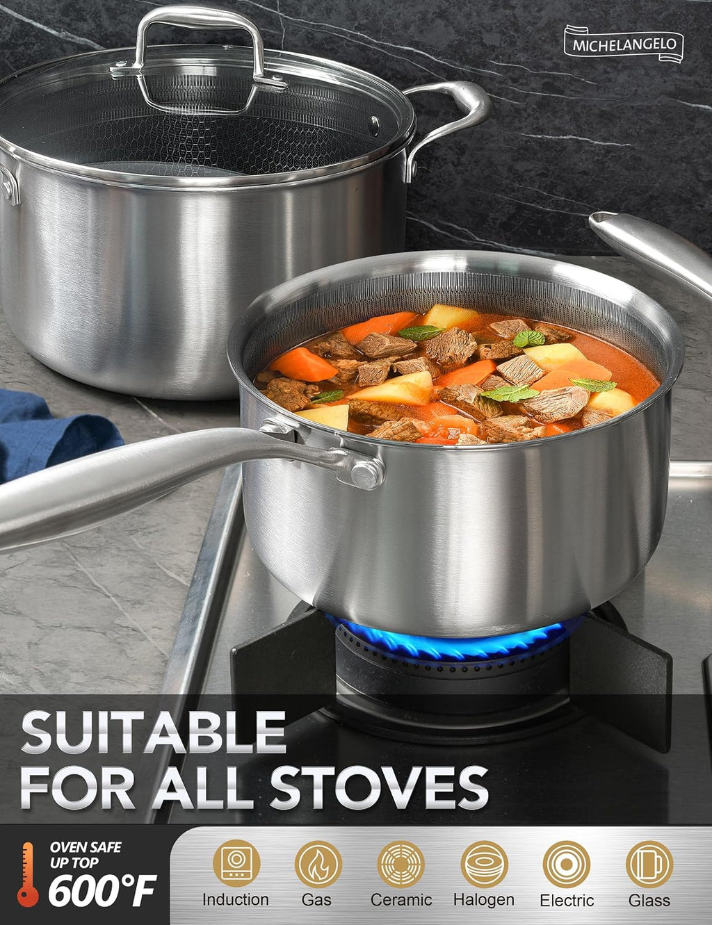 MICHELANGELO 6 Pcs Tri-ply Stainless Steel Pot Set, 2QT & 3QT & 8QT Pot with Lids,Tri-ply Stainless Steel Saute Pan 6 Quart, Deep Frying Pan with Lid