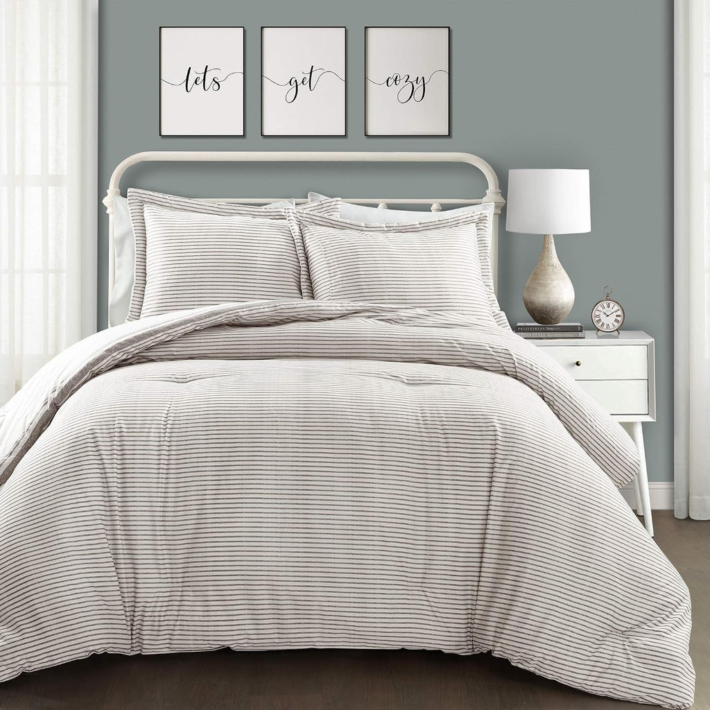 Lush Decor Farmhouse King Size Comforter Set, Reversible Cotton, 3 Piece Set, California King, Gray - Cozy Bedding - Rustic Decor - Modern Farmhouse Bedroom Decor