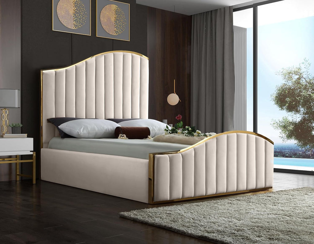 Meridian Furniture Jolie Collection Modern | Contemporary Velvet Upholstered Bed With Channel Tufting, And Polished Gold Metal Frame, Cream, King