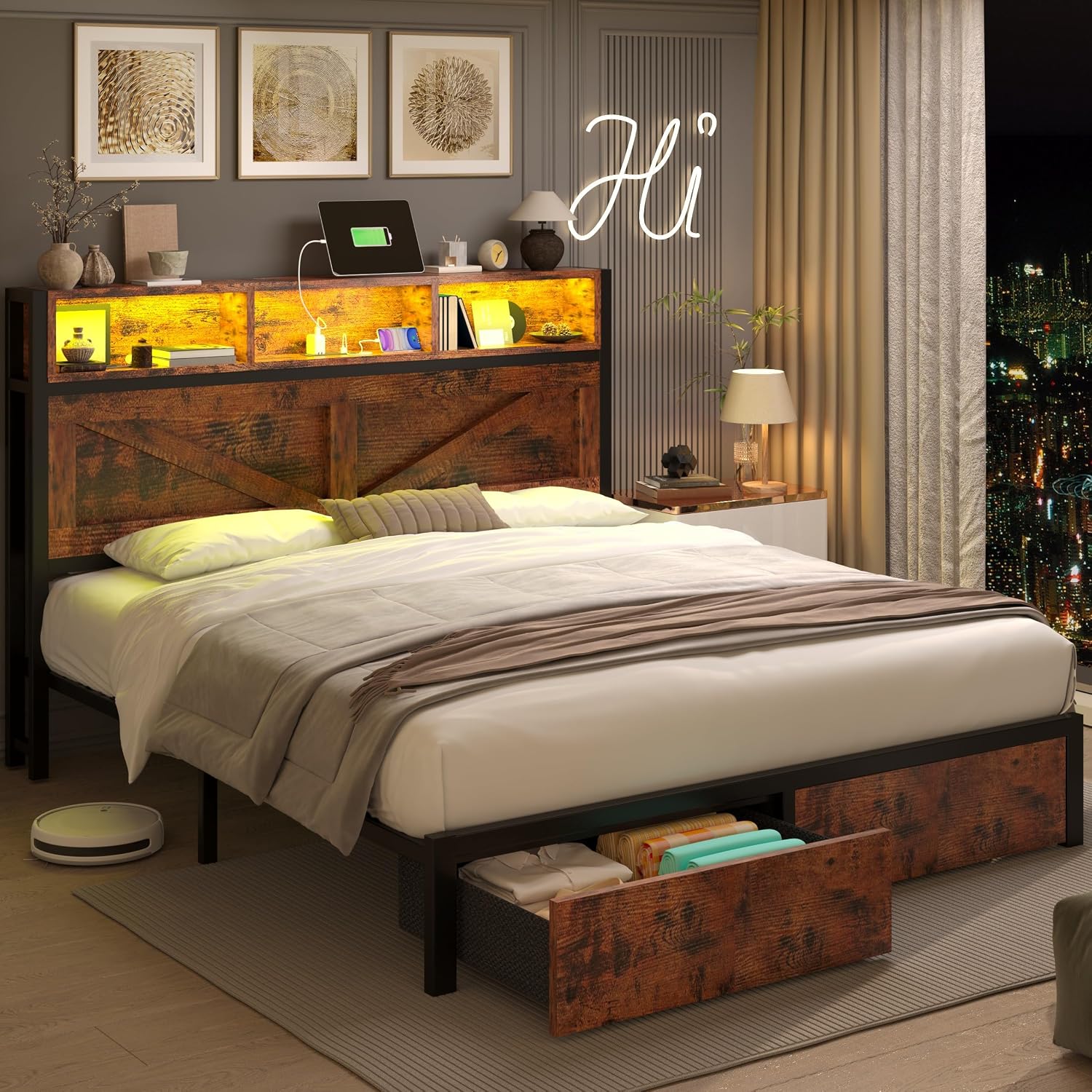 Farmhouse Full Bed Frame with Bookcase Headboard and Storage Drawers, LED Lights and Charging Station, No Box Spring Needed, Noise Free, Rustic Brown