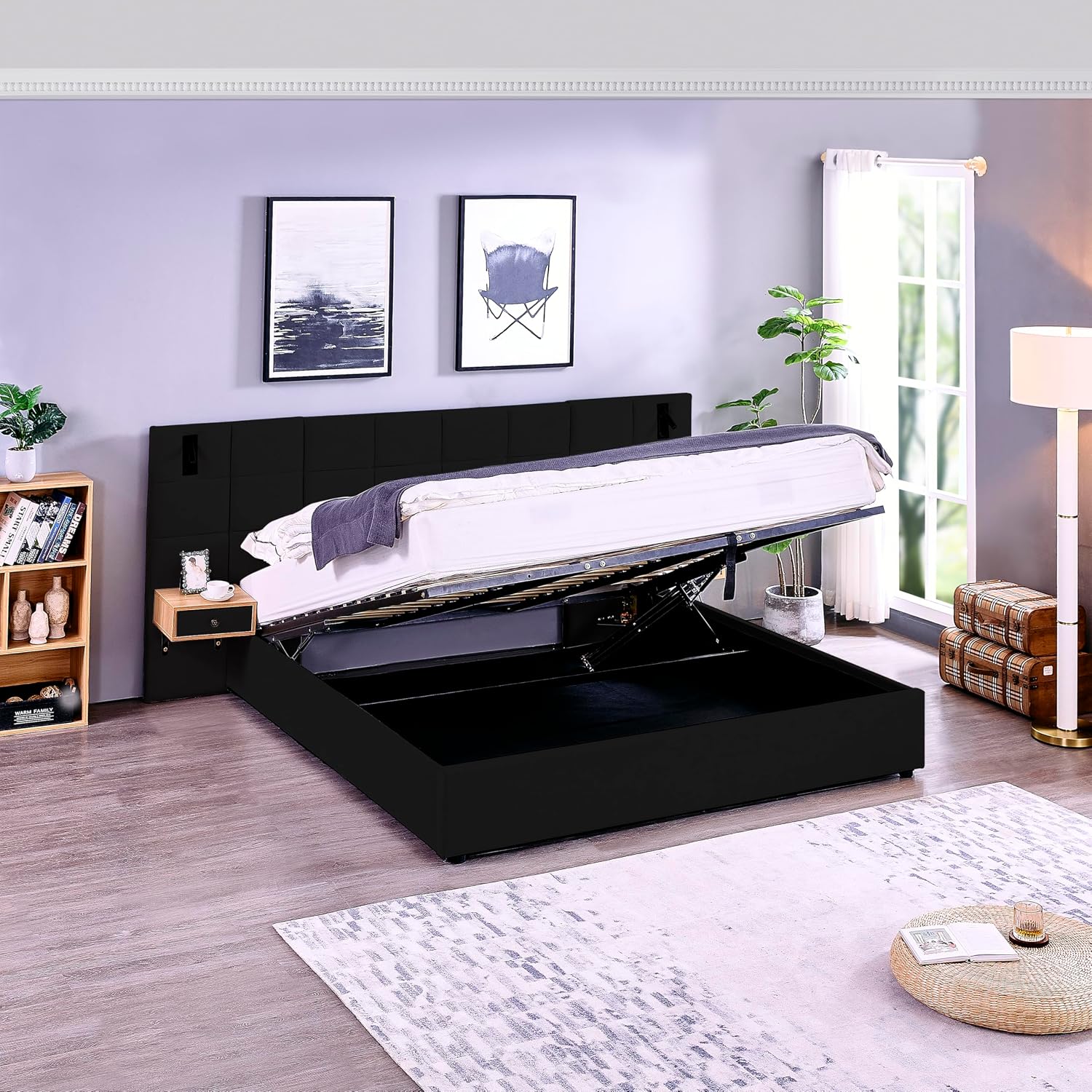 Luxury Velvet King Size Bed Frame with Hydraulic Lift and Storage, Built-in LED Lights, USB Charging Station & 2 Shelves, No Box Spring Needed Platform Bed (Black)