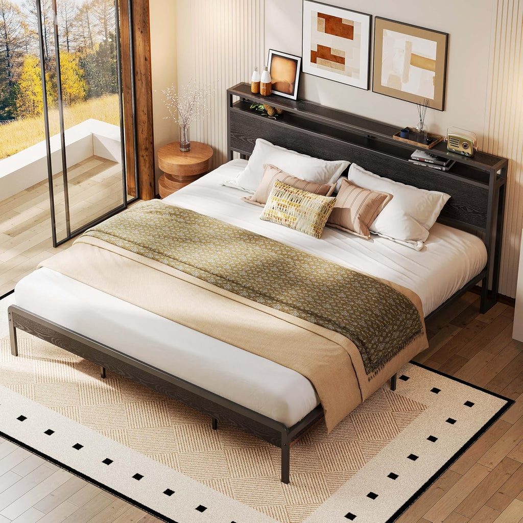 LIKIMIO California King Bed Frame with Headboard, Dark Wood Camas California King with Strong Supports, Sturdy, Noise-Free, No Box Spring Needed, Black