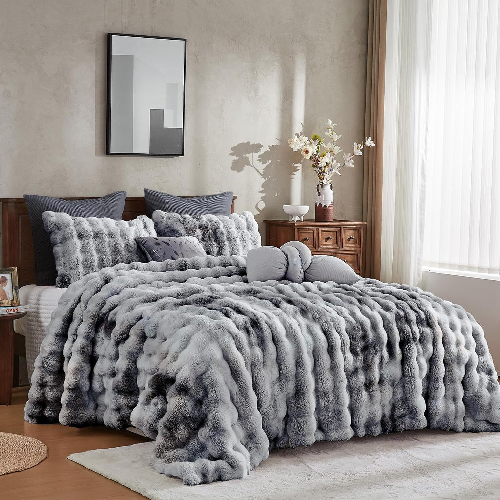Wonderful 3 Pieces Fluffy Faux Rabbit Fur Bubble Comforter Set King Size, Tie-Dyeing Multiple Grey Plush Fuzzy Bedding Set, Warm Soft Bubble Comforter Bedding Set for Winter