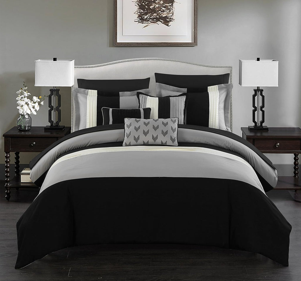 Chic Home Beige Bed in a Bag Comforter Set, King Size (10 Pieces), Ayelet - Color Block Stripes Premium Microfiber Bedding - Comforter, Flat & Fitted Sheets, Shams, Pillowcases & Decorative Pillows