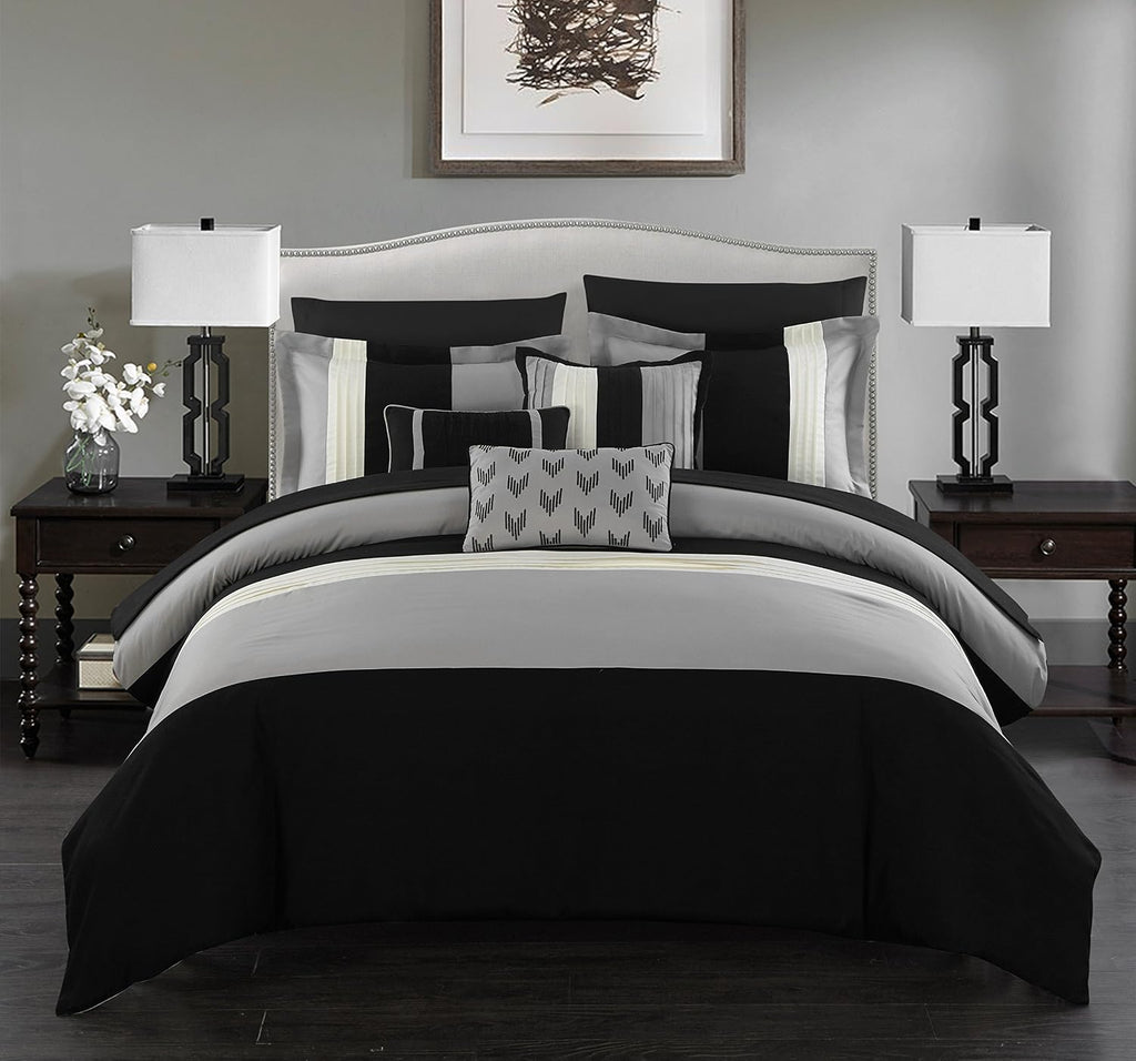 Chic Home Black Bed in a Bag Comforter Set, Queen Size (10 Pieces), Ayelet - Color Block Stripes Premium Microfiber Bedding - Comforter, Flat & Fitted Sheets, Shams, Pillowcases & Decorative Pillows