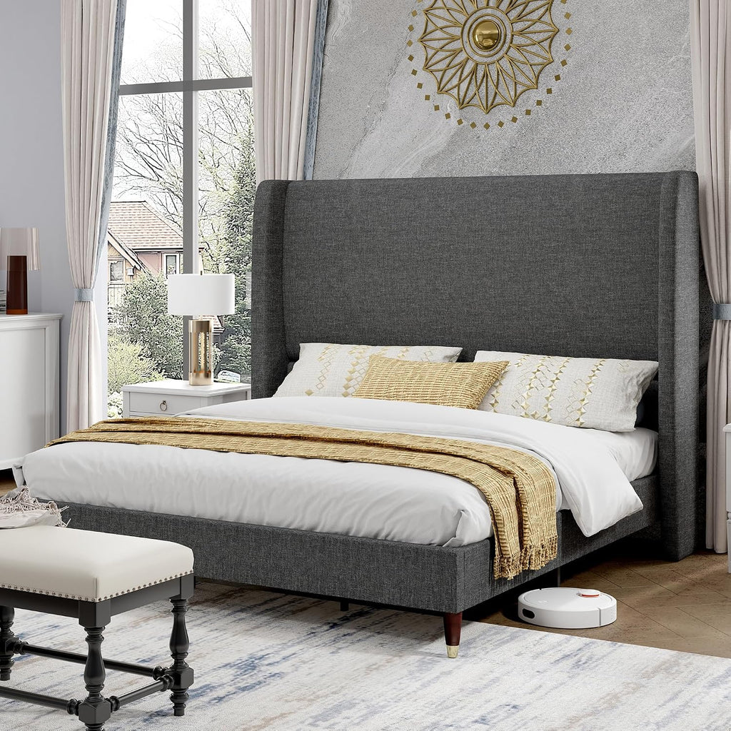 PaPaJet King Bed Frame with 51.2' Tall Wingback Headboard,Line Upholstered Platform Bed,Solid Wood Legs,No Box Spring Needed,Noise-Free&Easy Assembly,for Master Bedroom & Luxury Home,Dark Grey
