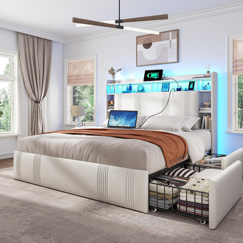 EnHomee Full Size Bed Frame with 4 Storage Drawers and Headboard Upholstered Full Bed Frame with LED & Charging Station & Shelf, No Noise, No Box Spring Needed, Beige