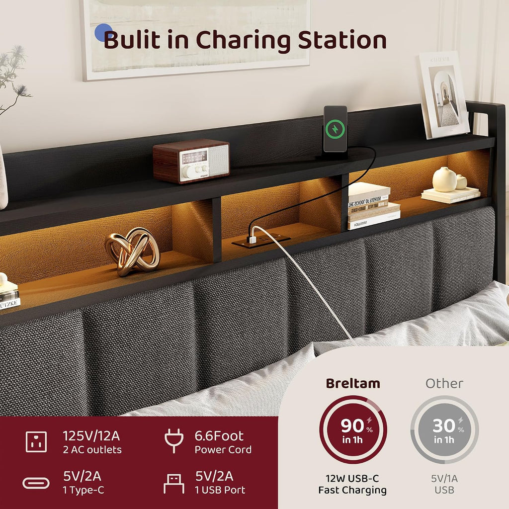 BRELTAM Queen Size Bed Frame with Storage Drawers Upholstered Bed with 2-Tier Storage Headboard and LED Light&Charging Station,Metal Platform Bed Frame Queen Size,Noise Free,No Box Spring Needed,Black