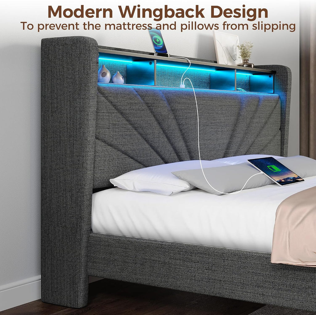 Rolanstar Full Size Bed Frame, Storage Headboard with Charging Station and LED Lights, Upholstered Bed with Heavy Duty Wood Slats, No Box Spring Needed, Noise Free, Easy Assembly, Dark Grey