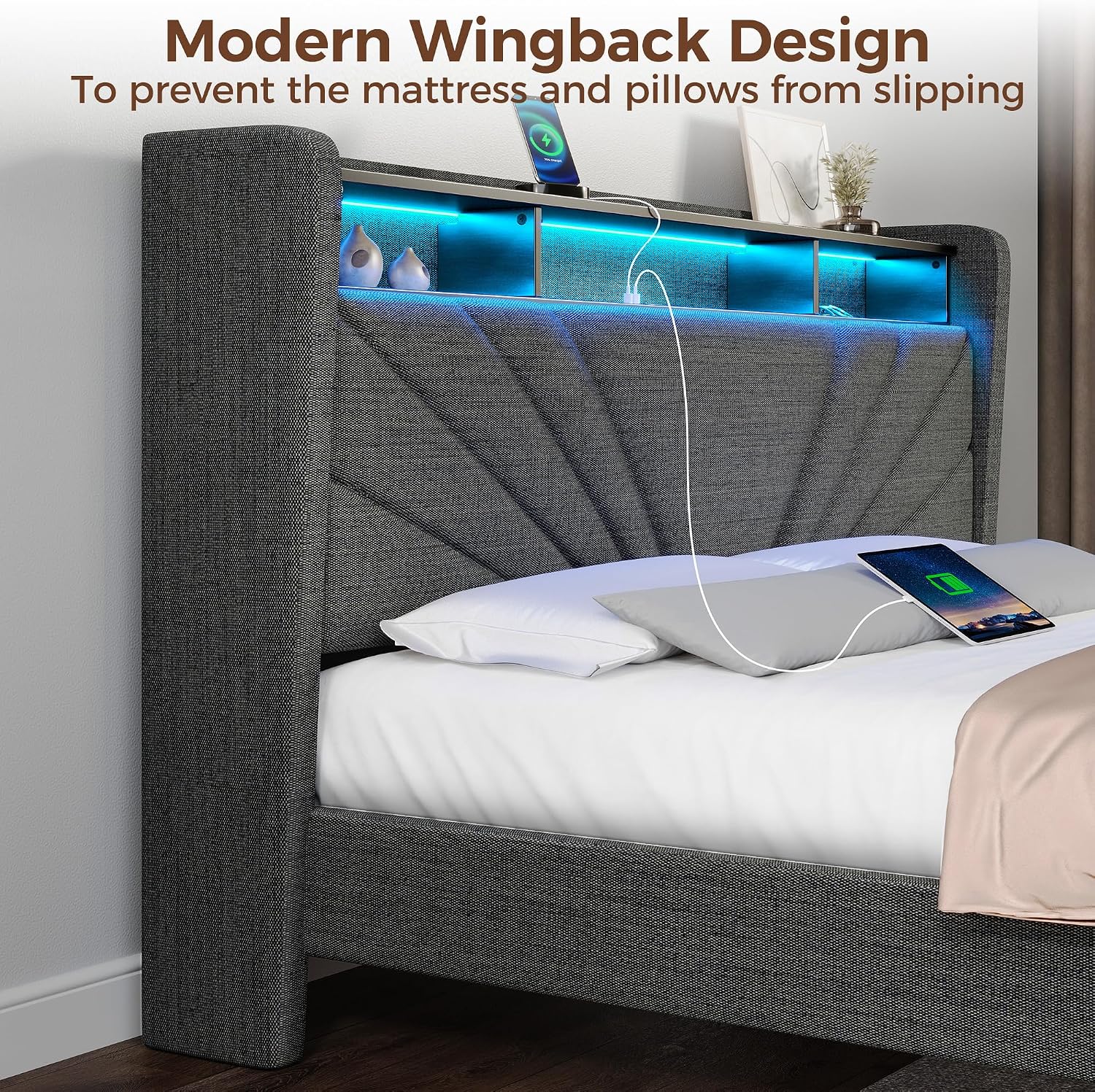 Rolanstar Full Size Bed Frame, Storage Headboard with Charging Station and LED Lights, Upholstered Bed with Heavy Duty Wood Slats, No Box Spring Needed, Noise Free, Easy Assembly, Dark Grey
