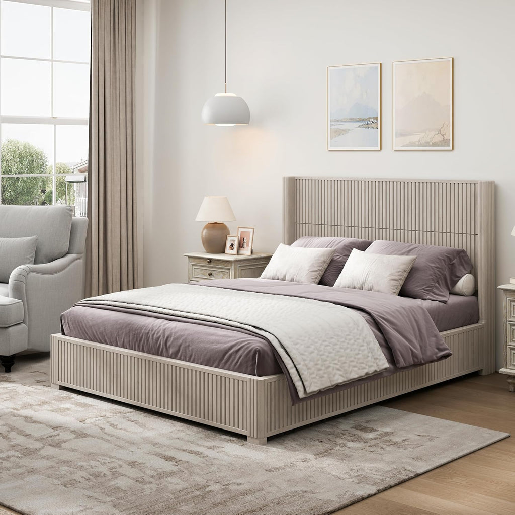 Queen Size Solid Wood Platform Bed Frame with wingback Headboard, Wood Platform Bed Frame Low Profile with 64.49' Headboard, Solid Wood Leg/No Box Spring Needed/Noise Free/Beige
