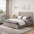 Queen Size Solid Wood Platform Bed Frame with wingback Headboard, Wood Platform Bed Frame Low Profile with 64.49' Headboard, Solid Wood Leg/No Box Spring Needed/Noise Free/Beige