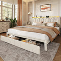 WLIVE King Size Upholstered Bed Frame with 2 Drawers, Storage Headboard Platform Bed with Charging Station and LED Light, Sturdy Metal & Wooden Slats Support, No Box Spring Needed, Beige