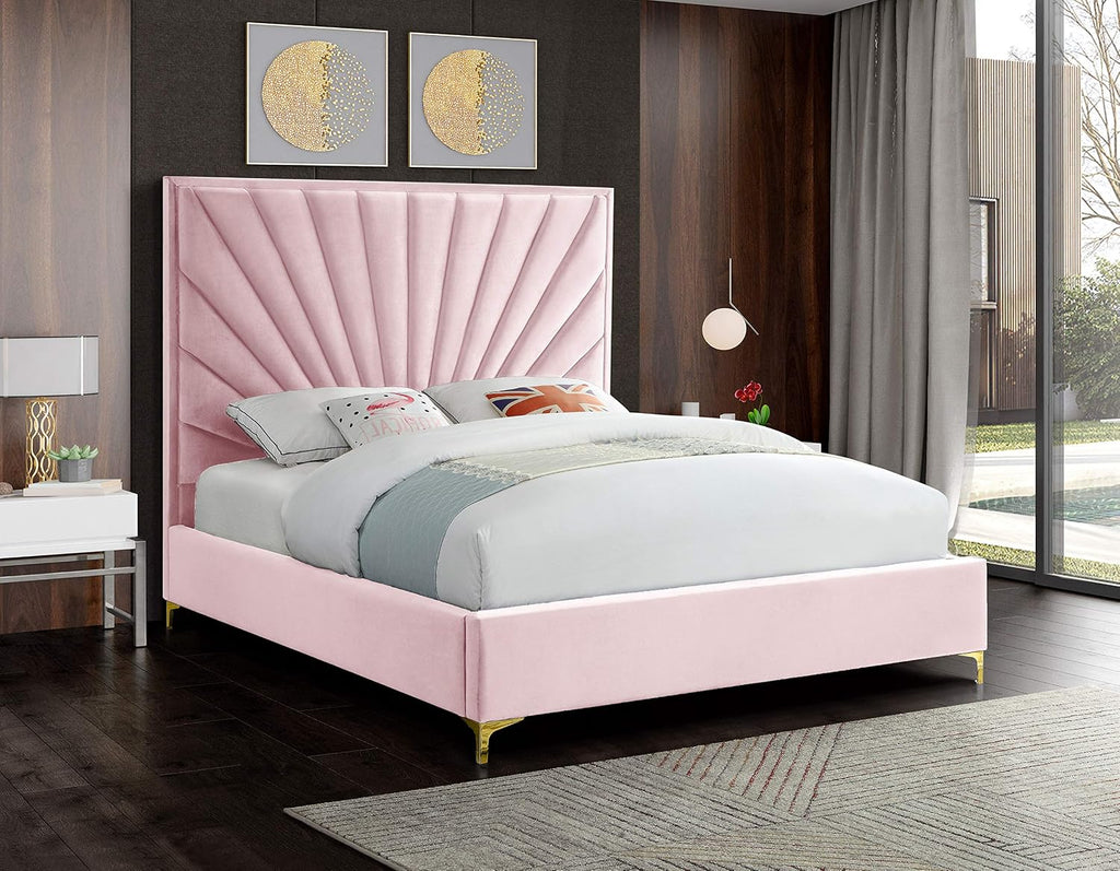 Meridian Furniture Eclipse Collection Modern | Contemporary Velvet Upholstered Bed with Channel Tufted Design and Complete Sets of Gold and Chrome Legs Included, Full, Pink