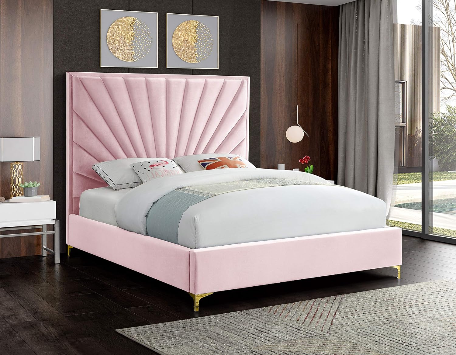 Meridian Furniture Eclipse Collection Modern | Contemporary Velvet Upholstered Bed with Channel Tufted Design and Complete Sets of Gold and Chrome Legs Included, Full, Pink