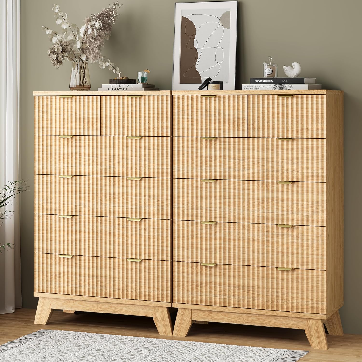 Fluted Dresser for Bedroom with 6 Drawers, 46' Tall Modern Chest of Drawers with Metal Handle, Wooden Dresser TV Stand, Wood Closet Clothes Storage Organizer for Living Room, Hallway, Natural Oak