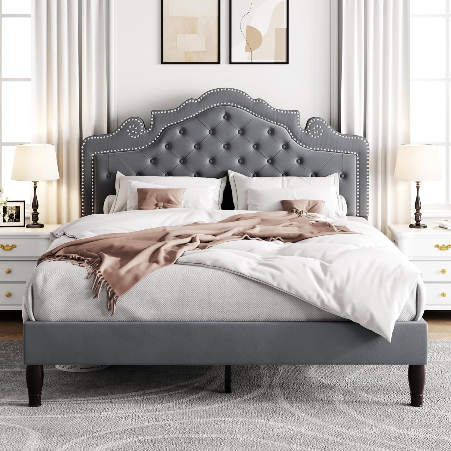 Allewie Full Size Bed Frame with Adjustable Velvet Tiara Headboard, Upholstered Diamond Button Tufted Platform Bed, Wood Slats Support, No Box Spring Needed, Light Grey