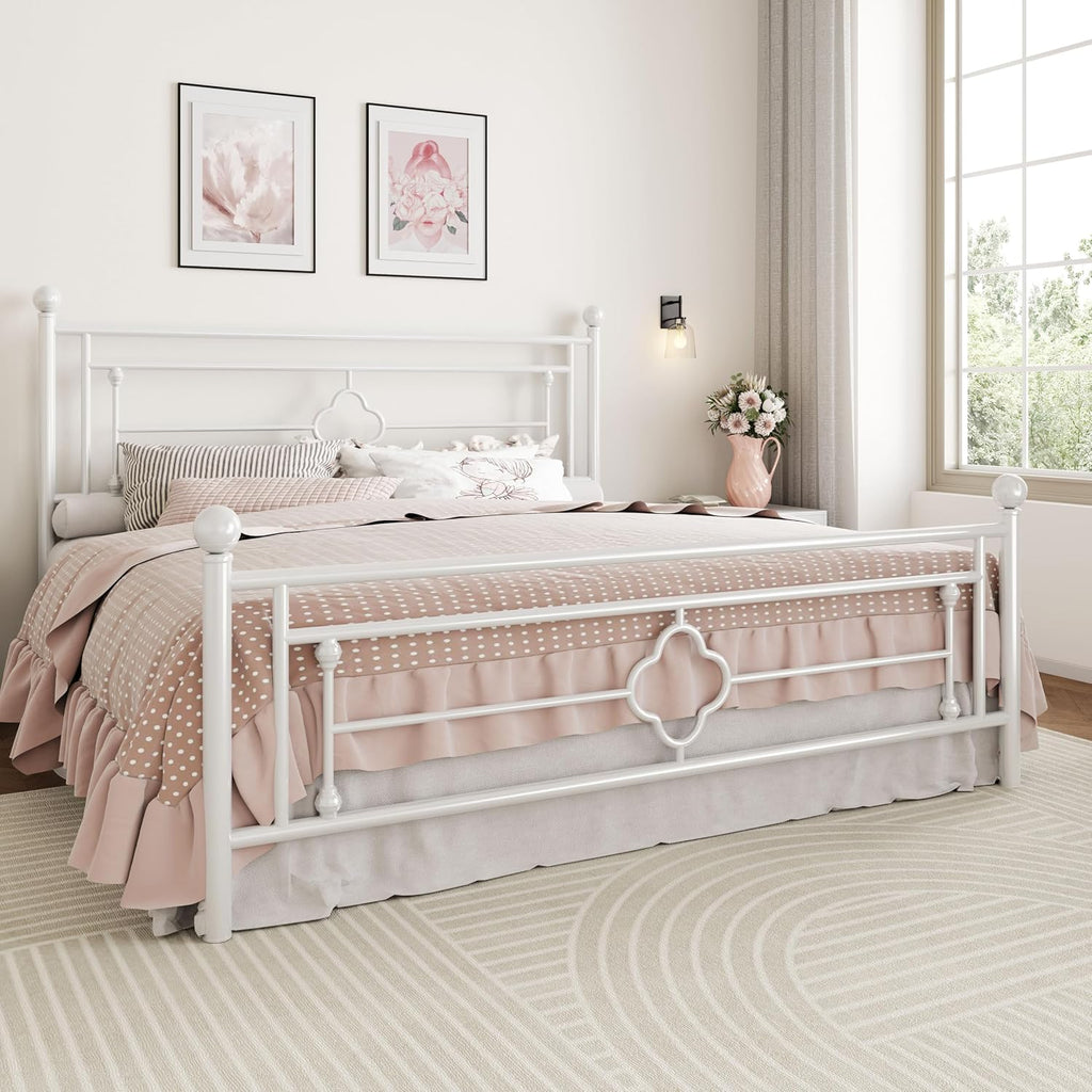 SHA CERLIN 14 Inches King Size Metal Platform Bed Frame/Vintage Iron-Art Headboard and Footboard/Mattress Foundation for Storage/No Box Spring Needed/Noise-Free/Easy Assembly/White